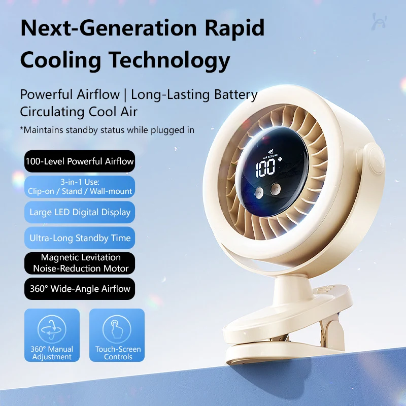 Lenovo Ice Cooling Fan USB Desktop Clip Fan Rechargeable Portable Quiet for Office Dorm 100-Speed Long Battery Life Night Light