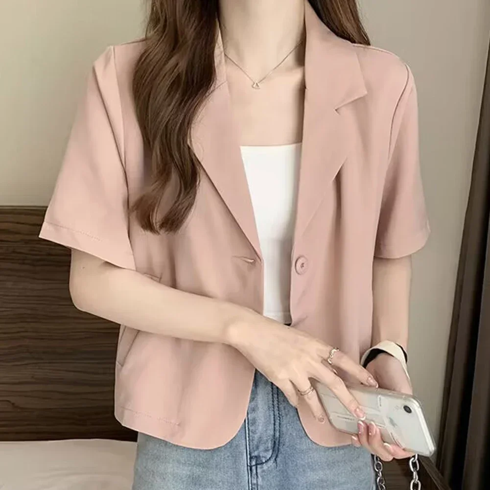 Summer Blazers Classic Women Simple Leisure Loose Korean Style Youth Single Breasted Slight Strech Comfortable Solid Color Tops