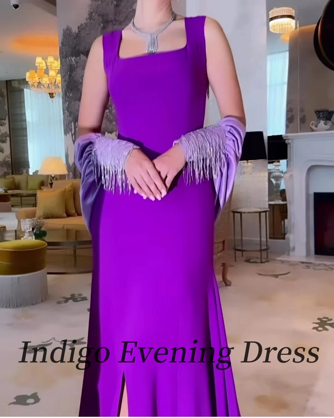 Indigo New Evening Dresses Square Neck Sexy Backless Slit Tassel Women Formal Party Dress 2023 vestidos para mujer فساتين السهرة