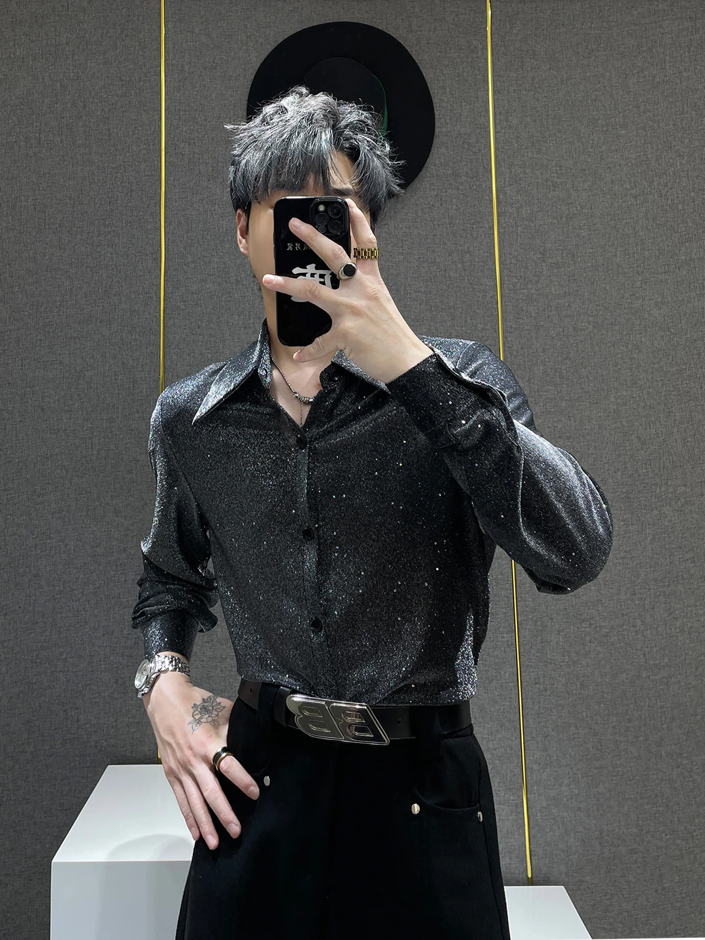 

Men's Long Sve irt oulder Pads Breathable Design Summer Casual Loose Fit Flat Button Pure Color arp Collar