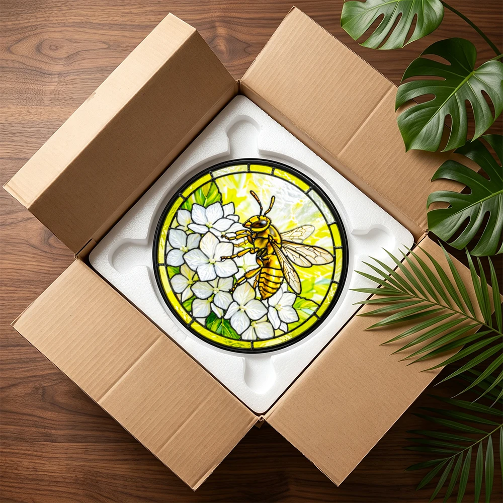 Stained Glass Suncatcher Round Tropical Sunset Beach Palm Tree Hibiscus Flower Window Hanging Decor Home Garden Gift