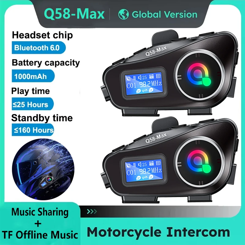 

Q58 Helmet Bluetooth Intercom Headphone Music Sharing 500M Intercom Tf Card Listening To Music Waterproof 25H Battery Life