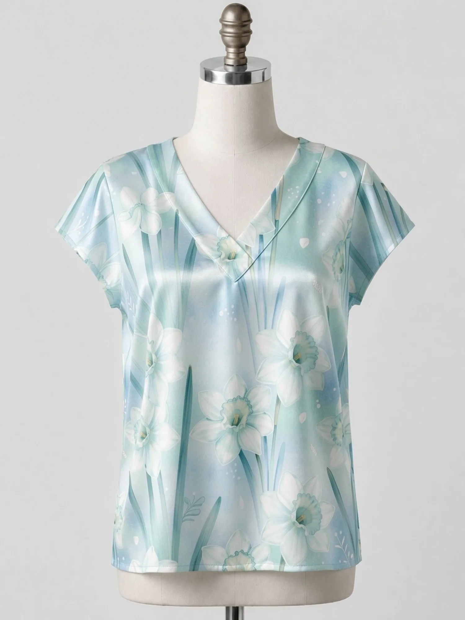 Floral Satin V Neck Top for Women Cap Sleeve Comfort Draped Fit Silky Vacation Beach Daily Wear Lightweight Breathable Versatile