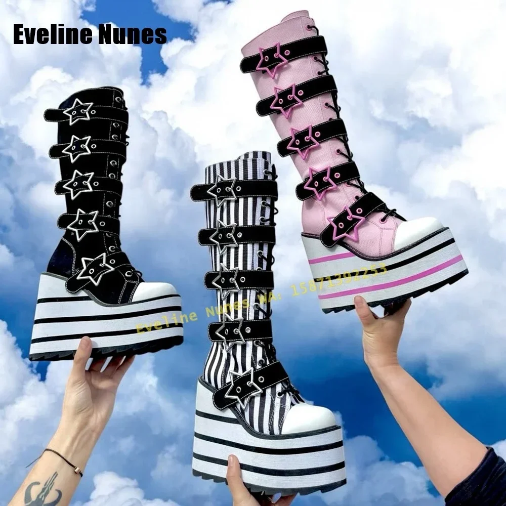 Wedges Height Increasing Cross Tied Knee High Boots Star Metal Buckle Stripe Y2K Fashion Boots Spicy Girl 2025 Spring Round Toe