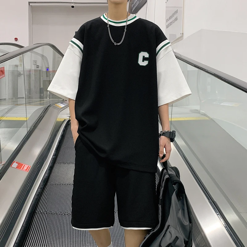 

Men's Spor Casual Summer Outfit ort Sve T-irt And orts Set Teenage Faionable Polyester Fiber Five-Quarter Pants