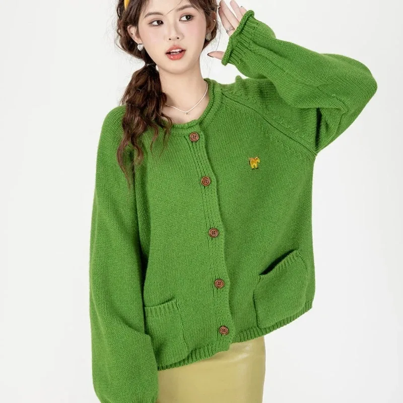 Knit Cardigan for Women 2024 Korean Loose Casual Sweaters Jacket O Neck Solid Green Casual Oversized Women\'s Cropped Cardigans