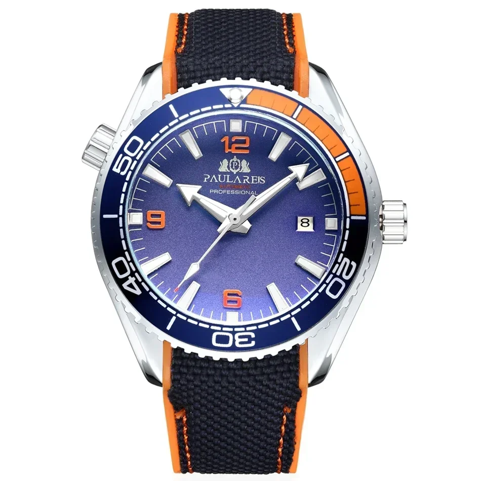 PAULAREIS P Automatische Herrenuhr, mechanisches Selbstaufzugswerk, Canvas-Kautschukarmband, Orange, Blau, Rot, Luxus-Modeuhren 7