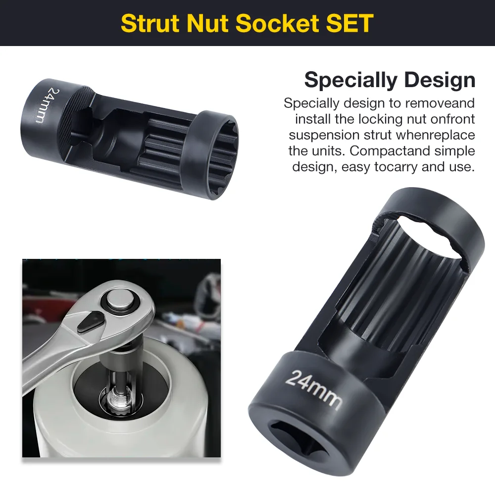 ชุดประแจบล็อก สตั๊ด น็อต และบล็อก 6 ชิ้นนี้เป็นเครื่องมือถอดโช้คอัพรถยนต์อเนกประสงค์ เหมาะสำหรับน็อตโช้คอัพขนาด 16 มม. ถึง 24 มม.