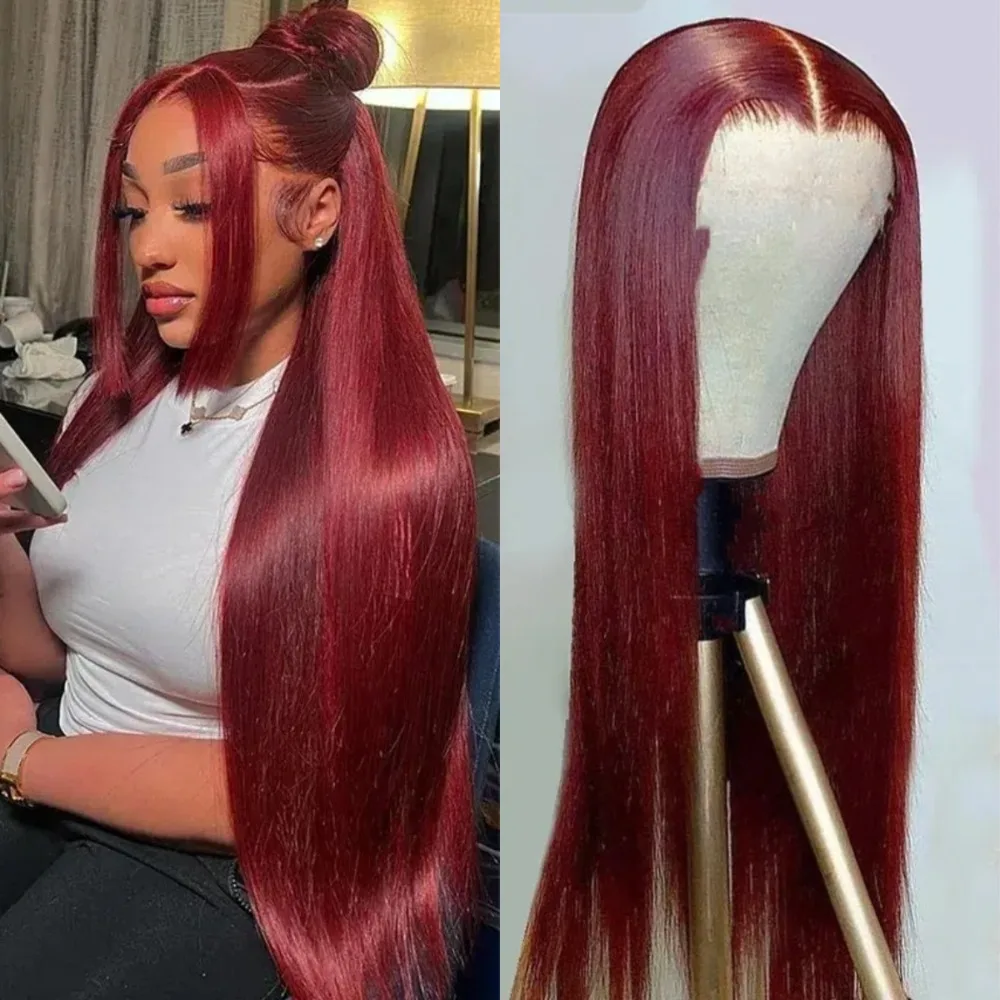 

180Density Bone Straight Lace Front 99J Colored Human Hair Wigs for Women 30 36Inch Burgundy 13x6 Hd Lace Frontal Human Hair Wig