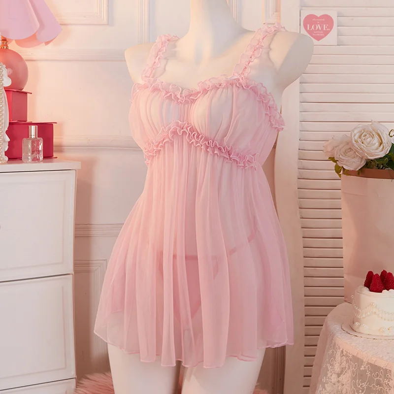 See Through Mesh Sexy Women Pink Sweet Nightdress And Thongs Lingerie Sets