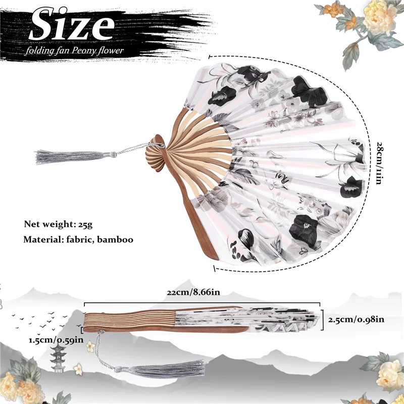 

Chinese Gray Peony Blossom Fabric Bamboo Folding Dancing Hand Fan White CNIM Hot