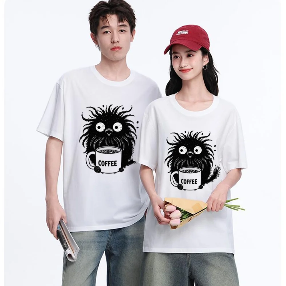 Cute Monster Coffee Cup Printed T Shirt Breathable Fabric S-XXL Personalized Custom Casual Short Sleeve Tee Unisex Fit Aesthetic