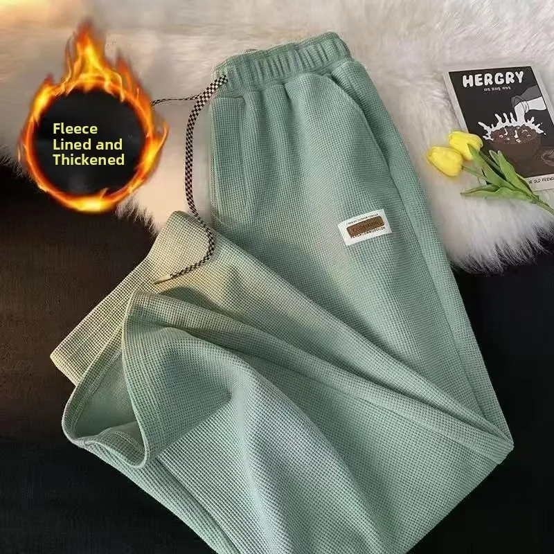 

Casual Fleece Lined Wide Leg Pants Women's plus Size Sporty Straight Cut Trousers High Waist Korean Style Polyester Fiber