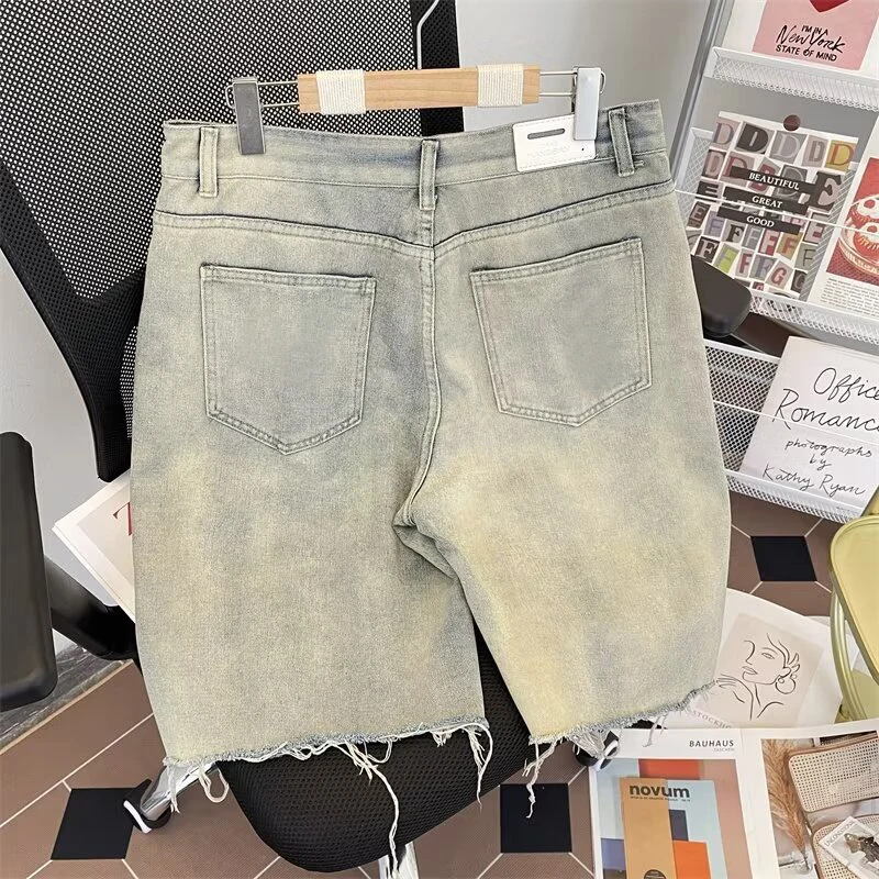 High street rasgado denim shorts verão retro azul masculino shorts americano casual moda perna reta masculino buraco na altura do joelho jeans