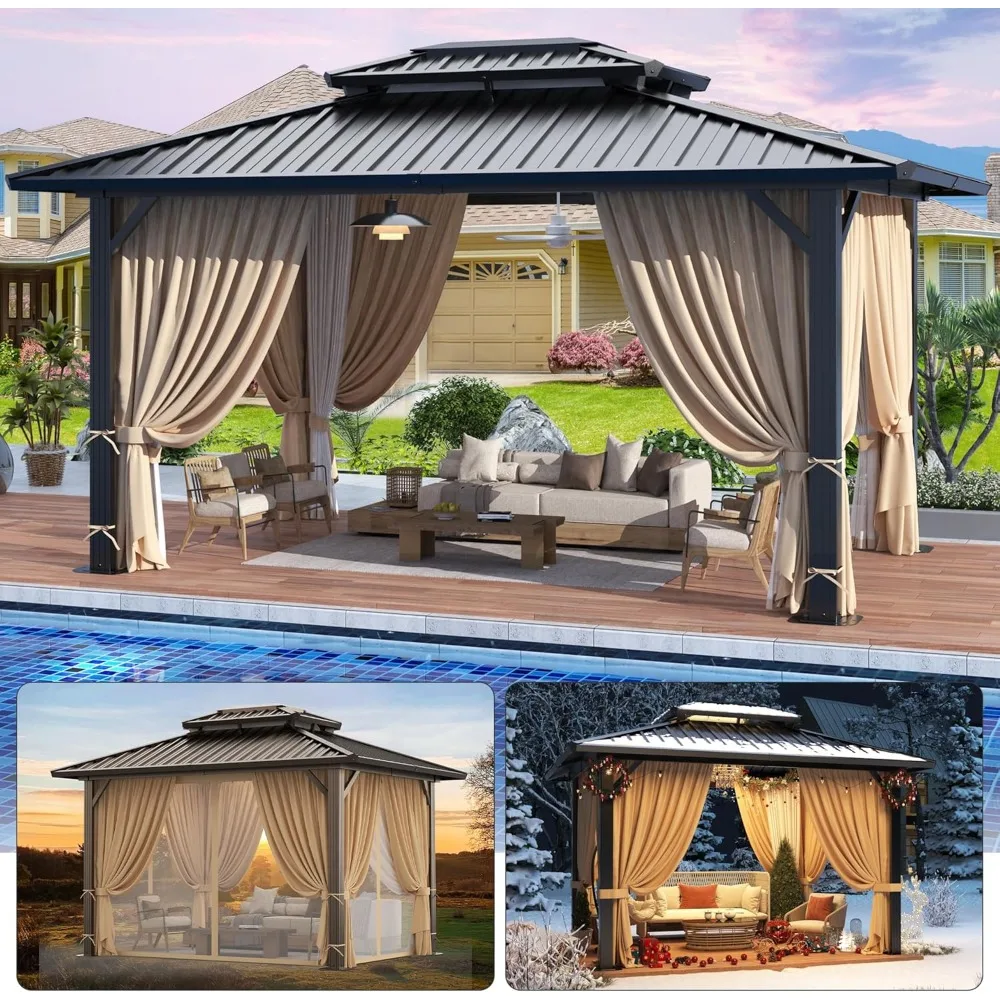 

HOTEEL 10x12 Hardtop Gazebo Hot Tub Gazebo with Flame-Retardant Curtain Netting, Heavy Duty Pavilion with Galvanized Steel Doubl