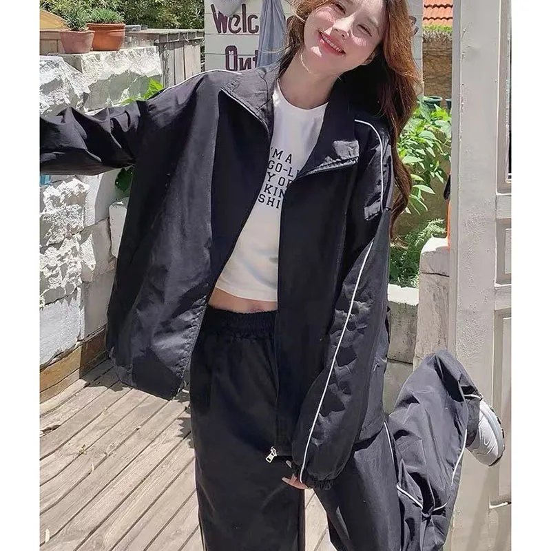 

Черные спортивные костюмы, женские весенне-осенние повседневные свободные черные спортивные костюмы, женская куртка на молнии + широкие брюки, комплект из двух предметов