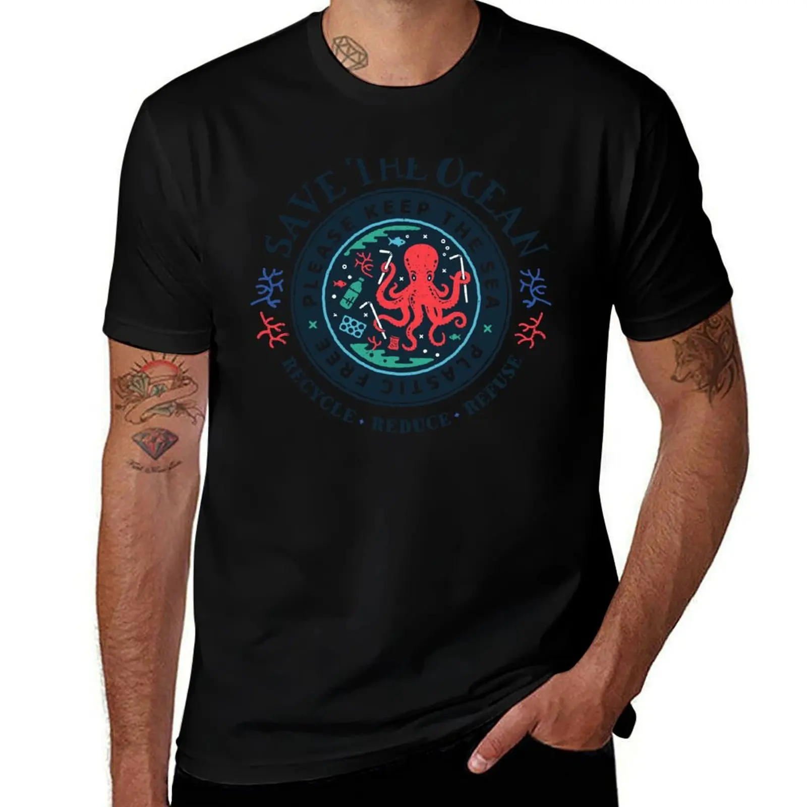 Save The Ocean - Please Keep the Sea Plastic Free - Octopus Scene T-Shirt Fashion Simple Casual Tee Shirt T-Shirt