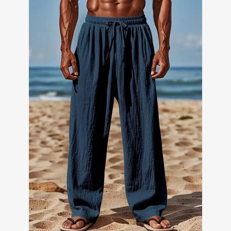بنطال رجالي كاجوال من القطن والكتان فضفاض مستقيم الساق بطول الأرض يسمح بمرور الهواء ومريح ملابس رياضية عصرية بقطع مستقيمة