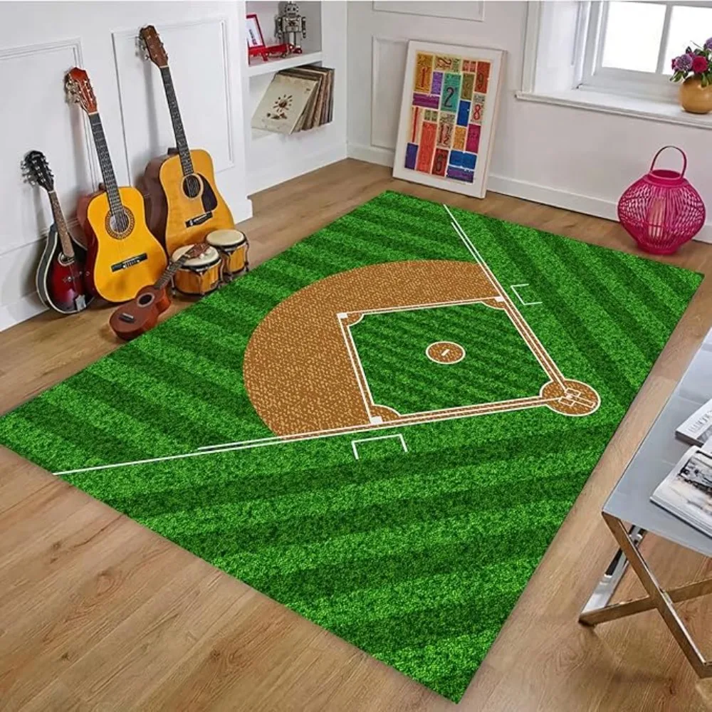 Baseball Field Design Area Rug Sports Themed Carpet for Living Room Bedroom Green Grass & Brown Infield Pattern Soft Touch
