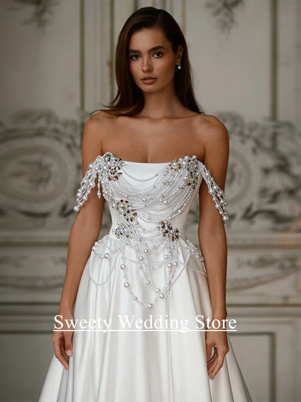 فستان زفاف لؤلؤي للعروس جديد مخصص بدون أكتاف بدون حمالات كريستال سويب تراين مشد فستان زفاف فيستدو نويفا