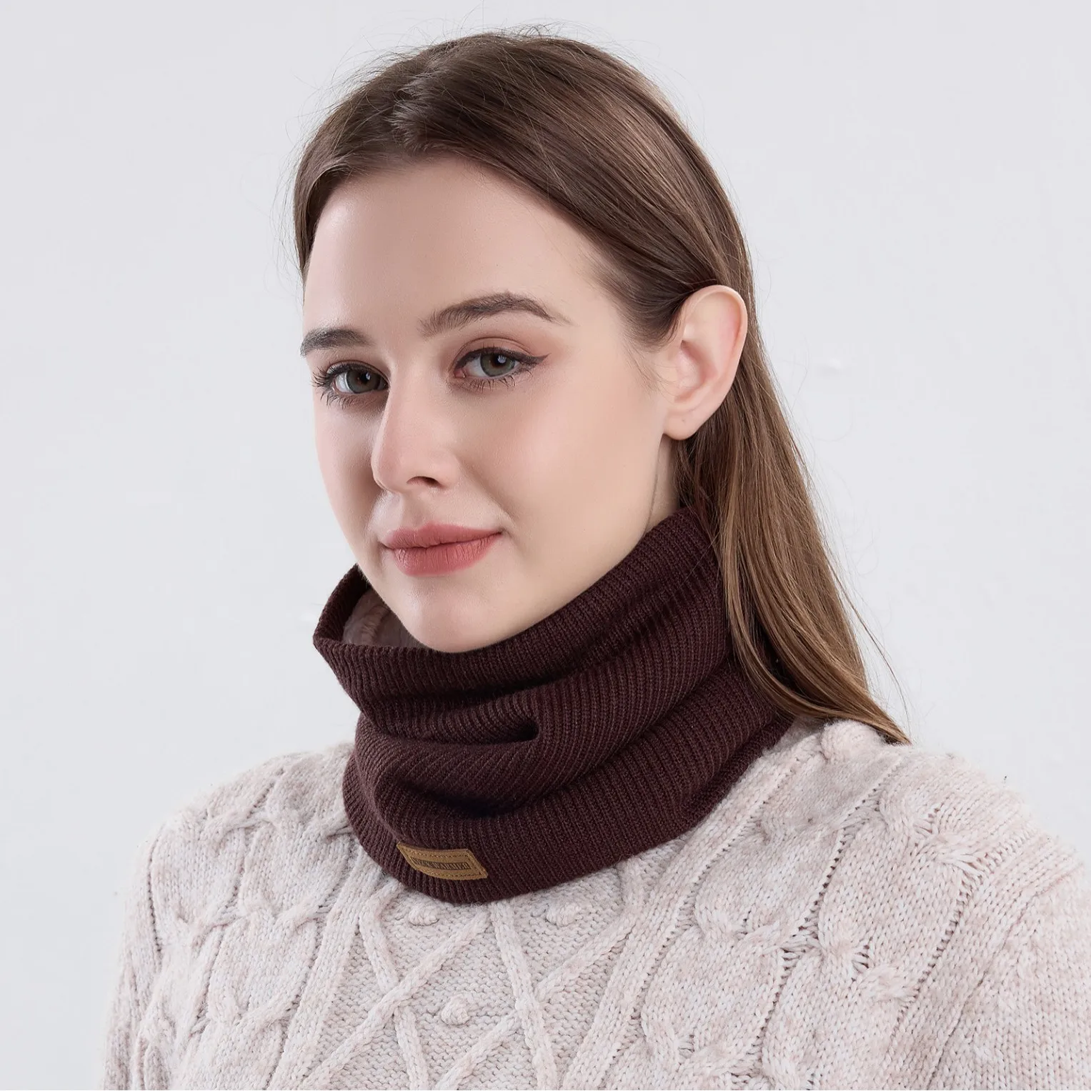 Solid Color Fleece Lined Neck Warmer, Winter Thermal Neck Gaiter, Women Versatile Pull-On Thickened Windproof Neck Scarf