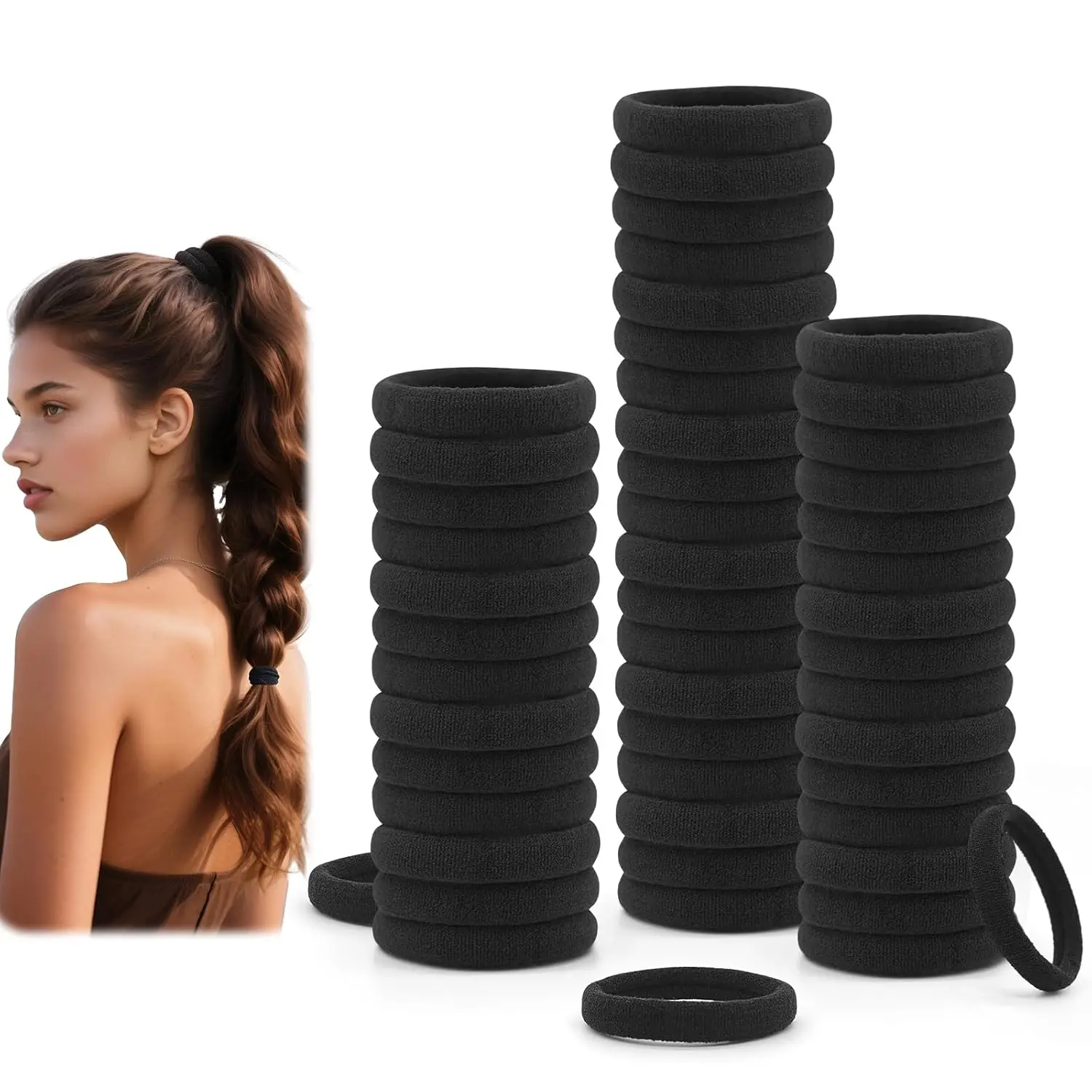 

Bulk Pack of 100 Black Hair Elastics, 1.6 Inch, Strong & Stretchy Cotton, Seamless for No Snag, Value Jar