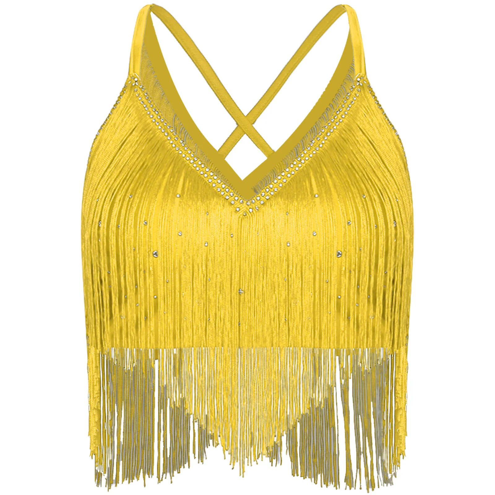 Womens Latin Cha-Cha Dance Performance Competition Costume V-Neck Sleeveless Crisscross Back Fringe Crop Top Salsa Rumba Samba