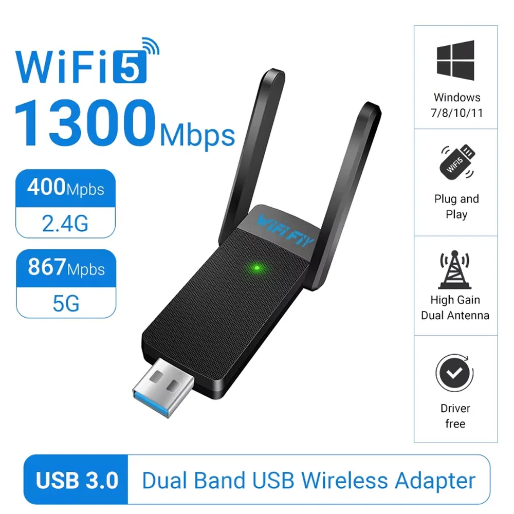 WALRAM 1300Mbps USB WiFi Adapter AC1300 WiFi 5 Ethernet Network Card Dual Band 5G 2.4G USB3.0 WiFi Dongle for PC WiFi Receiver
