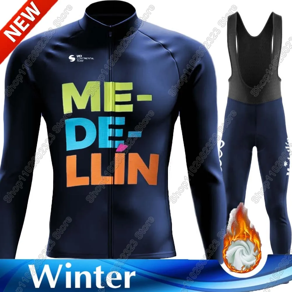 

Medellin Team Велоспорт Джерси 2025 Комплект Колумбии Одежда Костюм Мужские Синие С Длинным Рукавом MTB Велосипедные Шоссейные Брюки Нагрудник Ropa Ciclismo