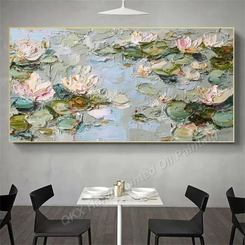 100% Hand-Painted Oil Painting on Canvas Wall Art Decor for Living Room, Impasto Monet Style Water Lily Pond Landscape Art