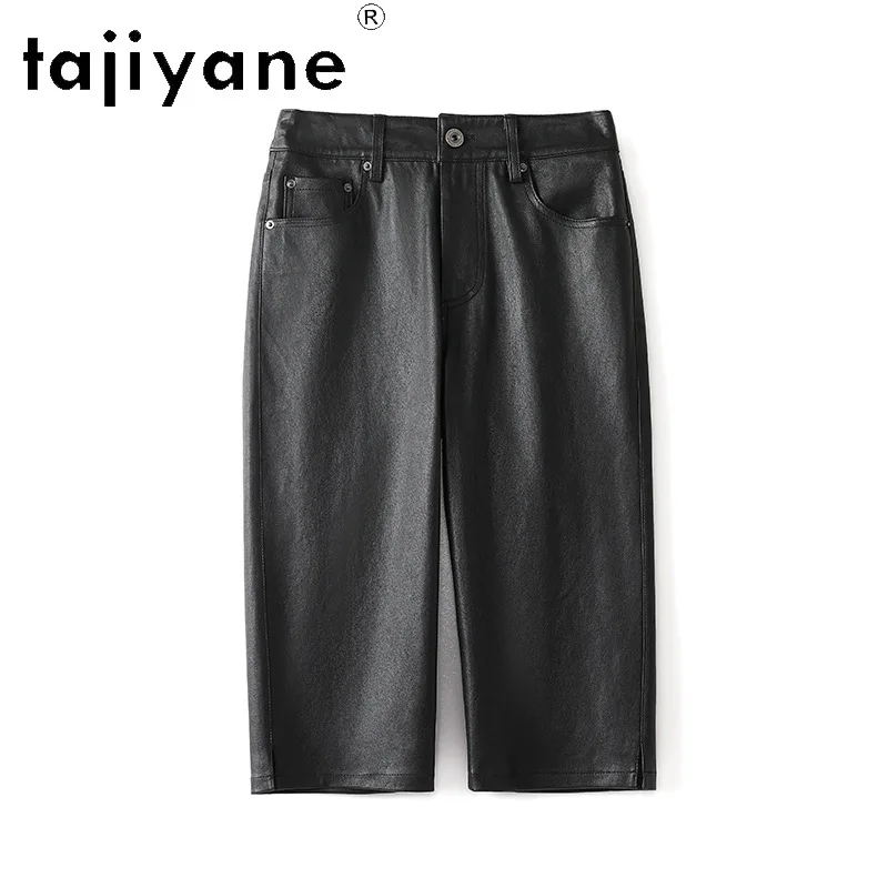 TAJIYANE High Waist Genuine Leather Pants Woman Trousers Stretch Vegetable Tanned Sheepskin Cool Biker Capri Pants of Women 슬랙스