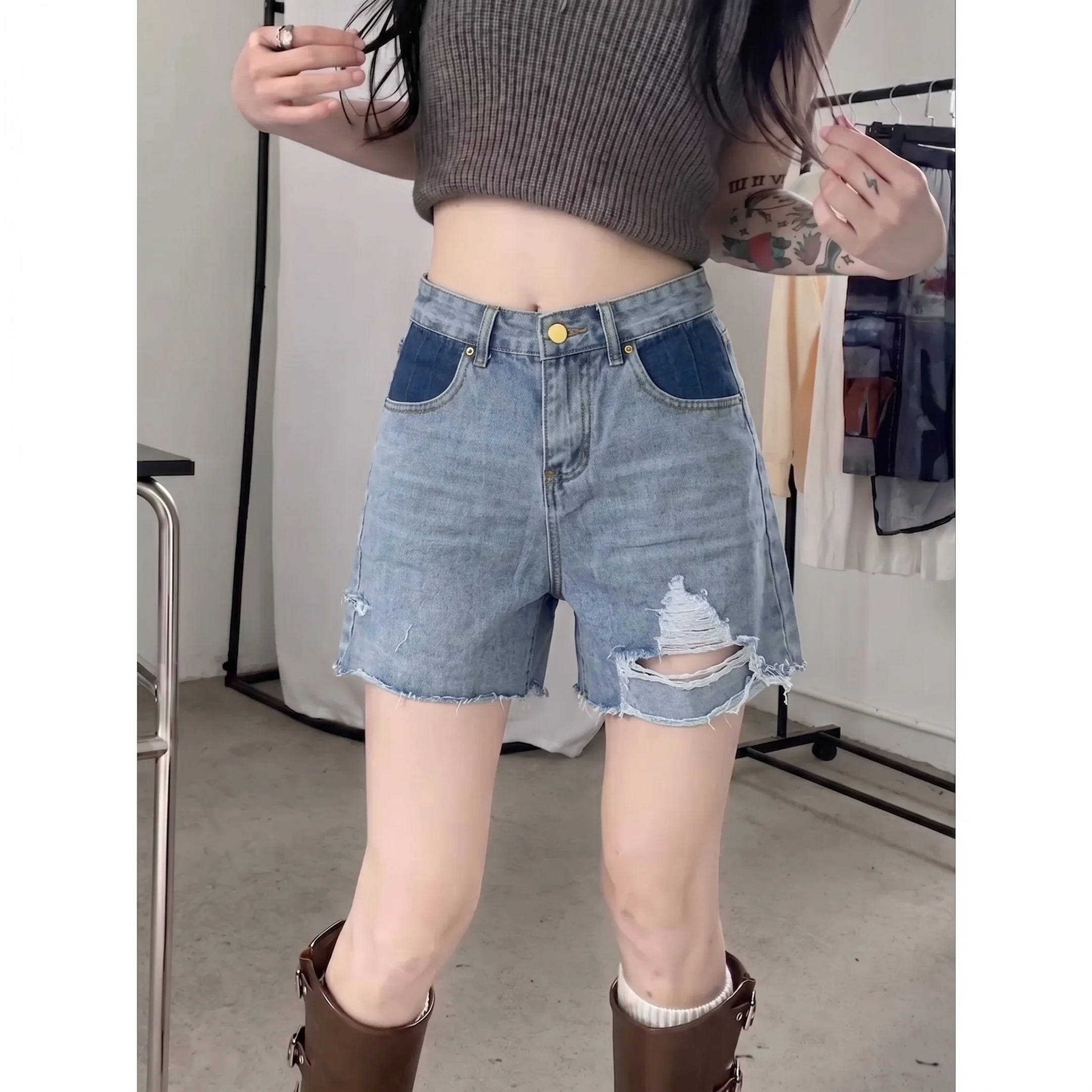 High Waist Wide Leg Jeans Shorts Women's Summer New Style Blue Denim Faded Hole Ripped Casual Loose Fit Hot Pants Frayed