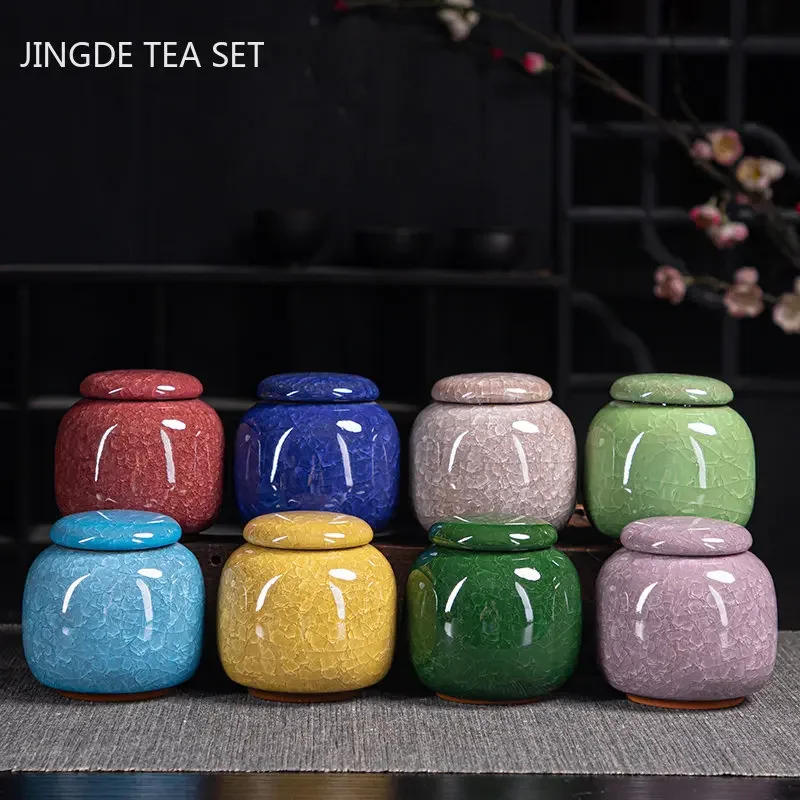 Ice Crack Glaze Metal Lid Tea Jar Ceramic Tea Storage Cans Portable Coffee Sealed Jars Kitchen Spice Moisture Proof Tank Teaware