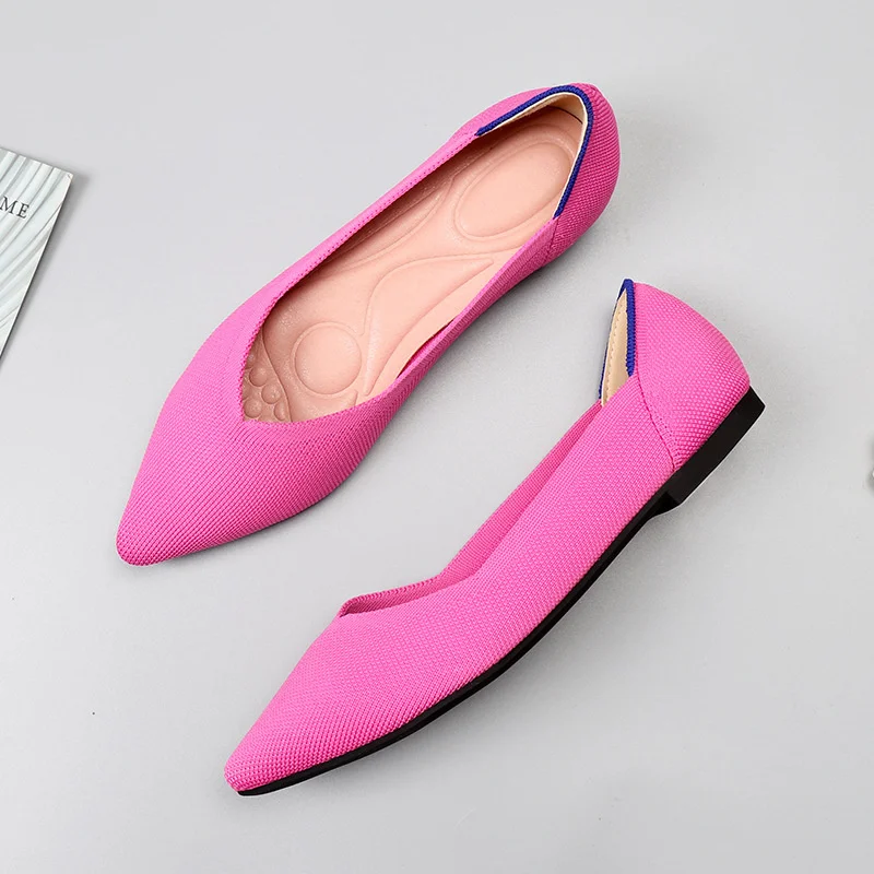 2024 Spring Autumn New Fashion Solid Color Ballet Flats Knitted Comfortable Breathable Pointed Toe Soft Sole Flat Single Shoes