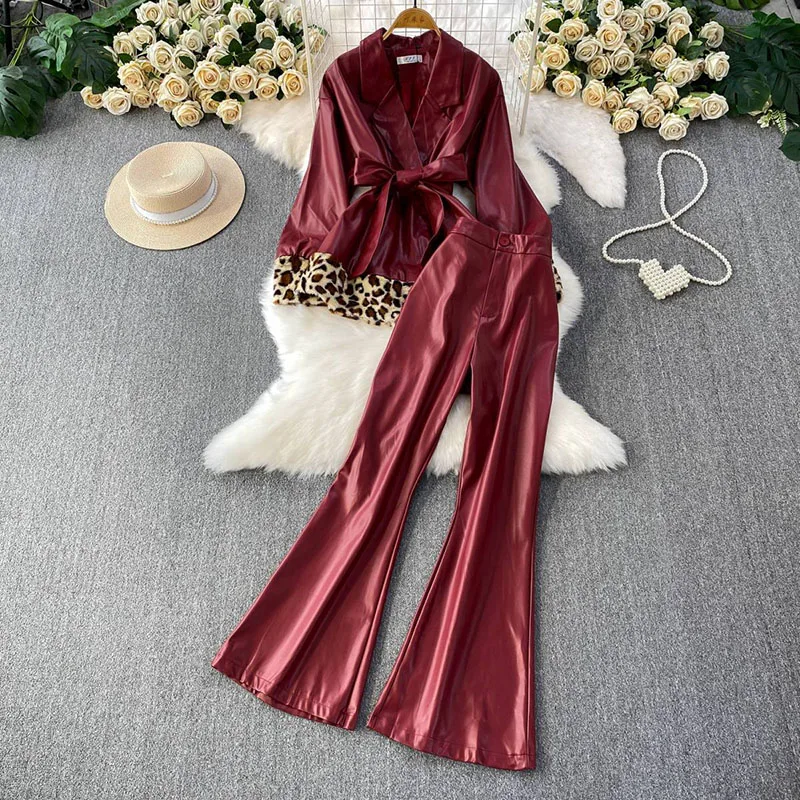 

PU Leather Streetwear Suits Ladies Fashion Lace Up Coat+Slim Wide Leg Pant Senior Fur Leopard American Retro 2Pcs Sets