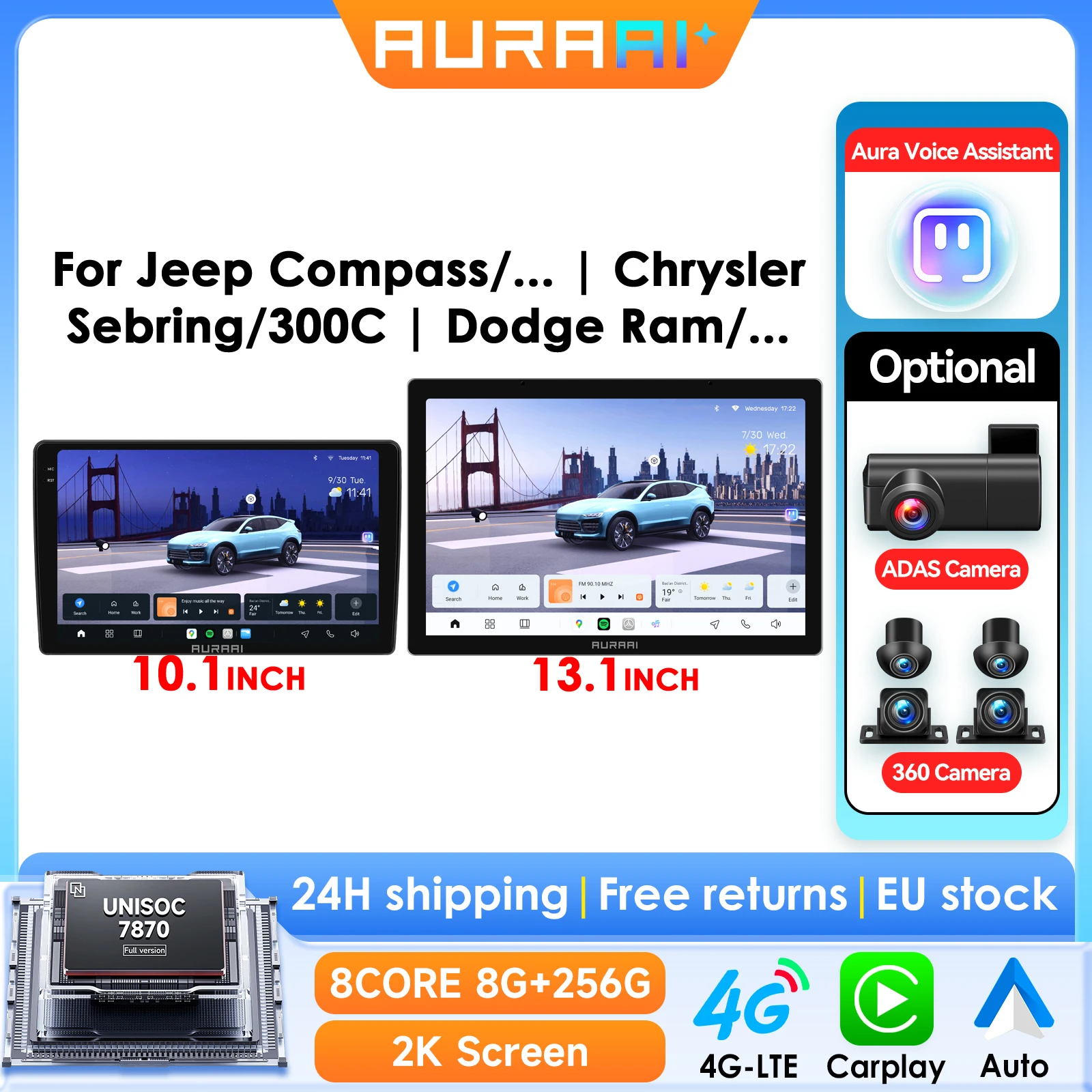 Autoradio Android 8G 256G, pour JEEP boussole Patriot Chrysler 300C Sebring Liberty Dodge Wrangler CarPlay ADAS 360, caméra 2K, écran