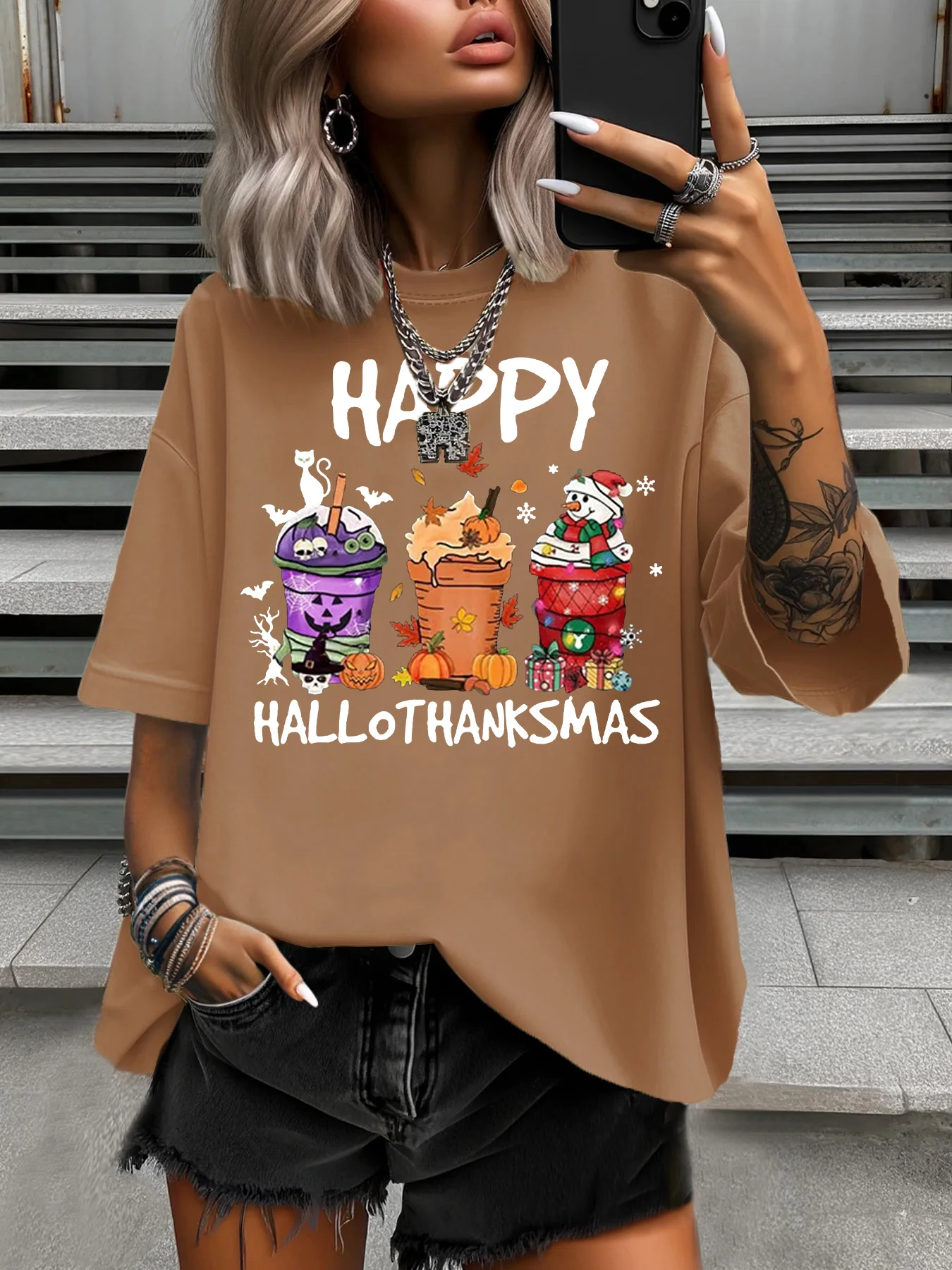 

Summer Women's Plus Size T-Shirt Original Design Happy Halloween Letter Printed Women's Casual Soft Crew Neck Short Sleeved Tops