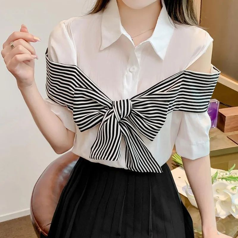 Temperament Off Shoulder Blouse Summer New Short Sleeve Bow Patchwork Solid Hollow Out Shirt Tops Fashion Elegant Women Clothing