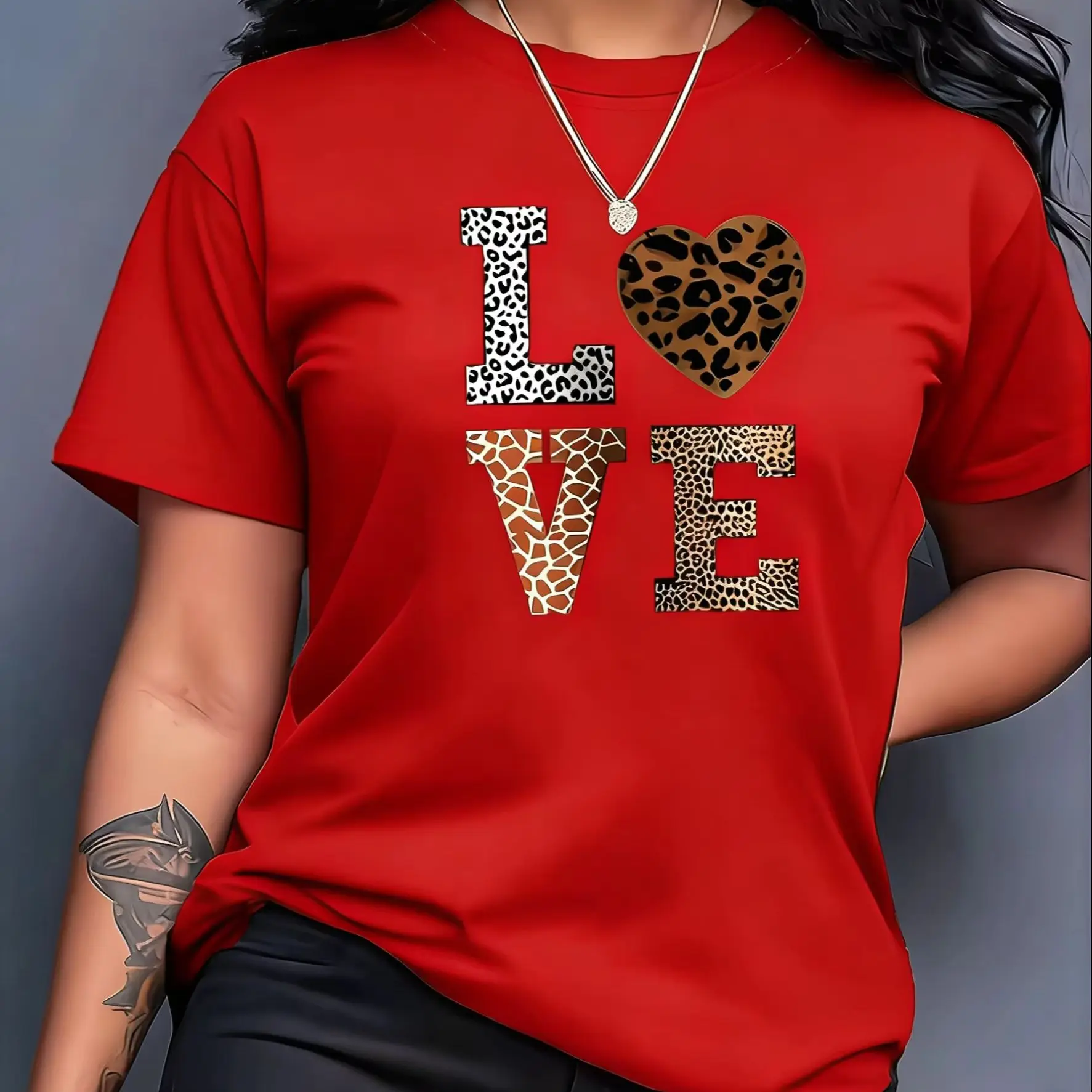 Plus Size "Love" Leopard Heart Pattern Printed Women's T-shirt Summer Minimalist Casual Texture High Quality Pullover Loose Tops