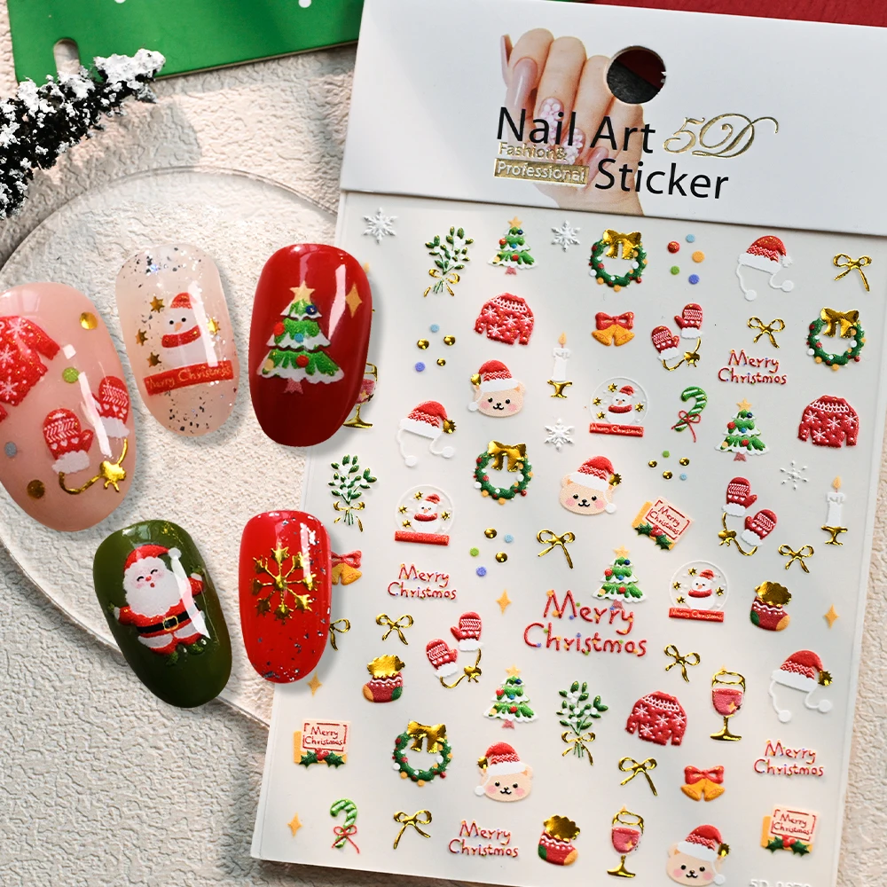 1개 귀여운 산타클로스 눈사람 리스 5D 엠보싱 크리스마스 네일 아트 스티커 크리스마스 트리 눈송이 네일 데칼 DIY 네일 용품