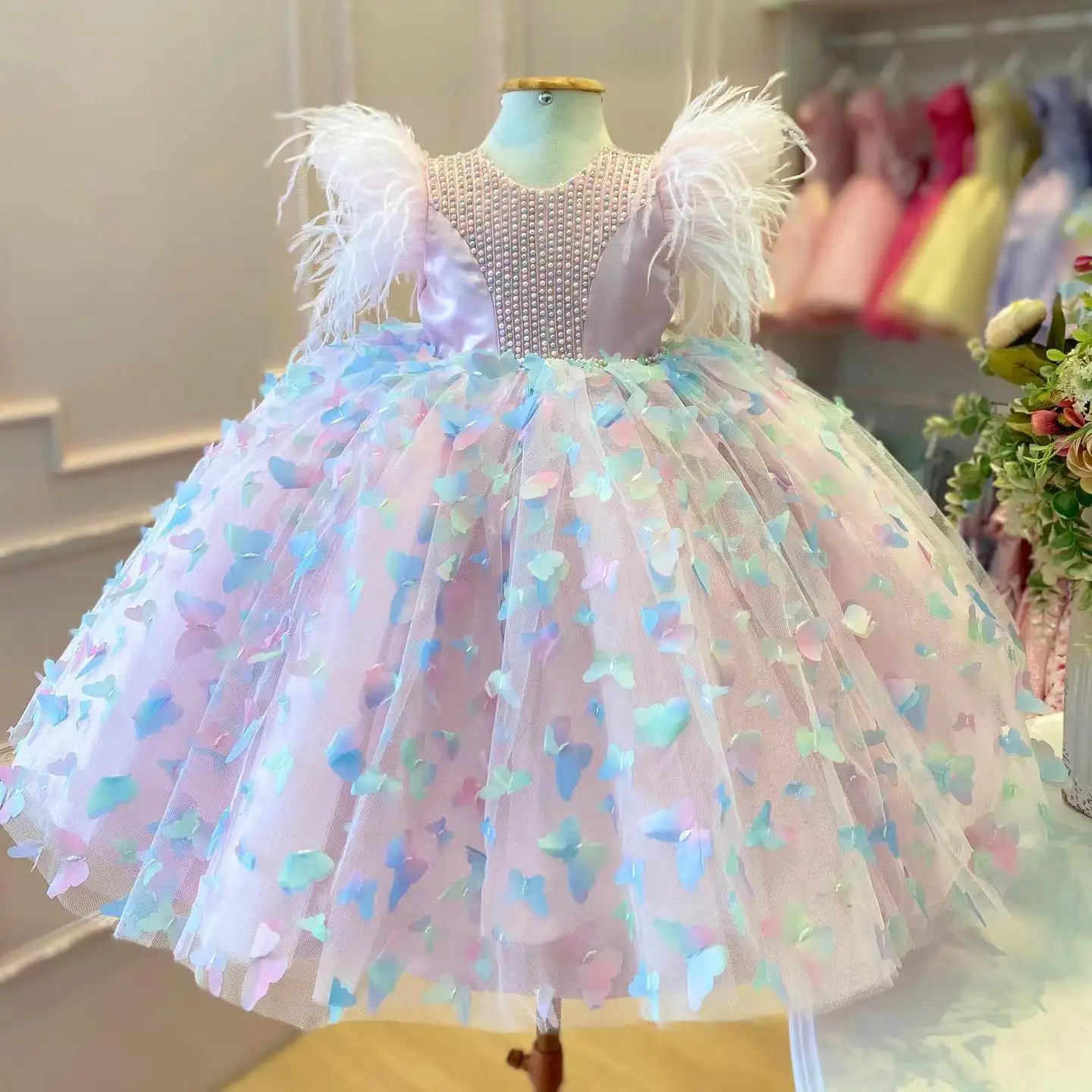 3D Butterfly  Feather Sleeve Flower Girl Dress Luxury Princess Pageant Party Ball Gown Dress for Girls