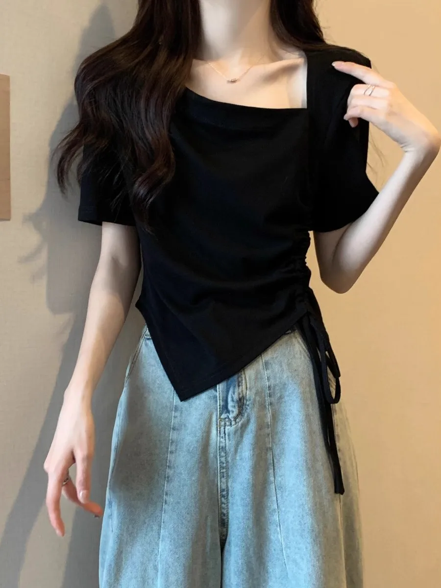 

Футболка Slim Fit ort Sve Женская летняя футболка с завязками в Корейском стиле для поездок на работу и ветере Regular Thin ort Length Asymm...