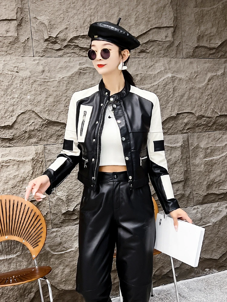 Spring Fashion Women Colors Mixed Real Sheepskin Genuine Leather Jacket Stand Collar Slim Fit Vintage Casual Moto Outwear Coat