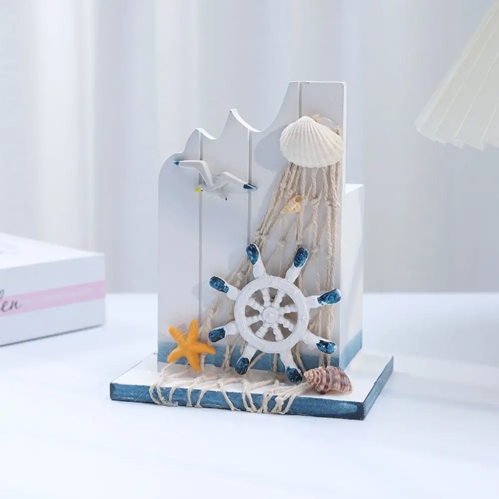 Mediterranean Style Wooden Pen Holder Ocean Style Handmade Pencil Storage Box Large Capacity Pen Container