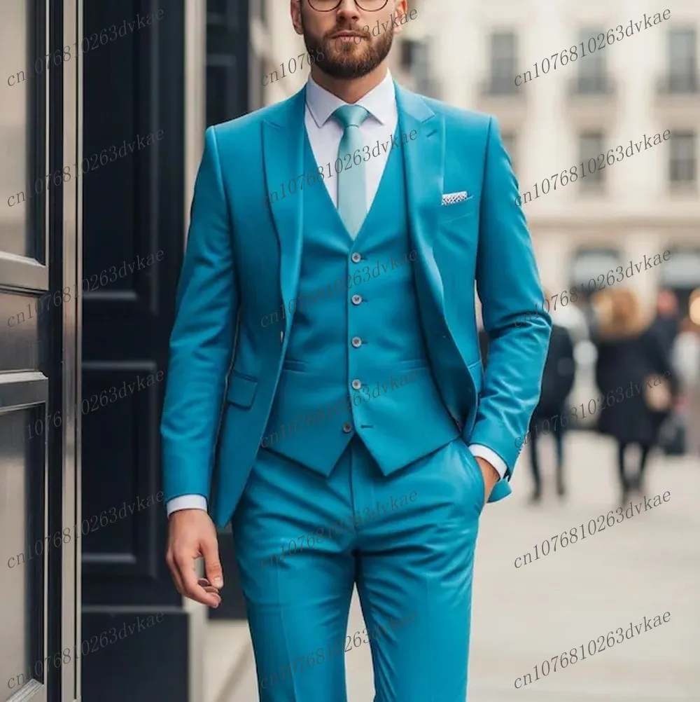 

New Blue Men Suit Wedding Party Formal Occasion Groom Groomsman Prom Business Male Tuxedos 3 Piece Set Jacket Vest Pants