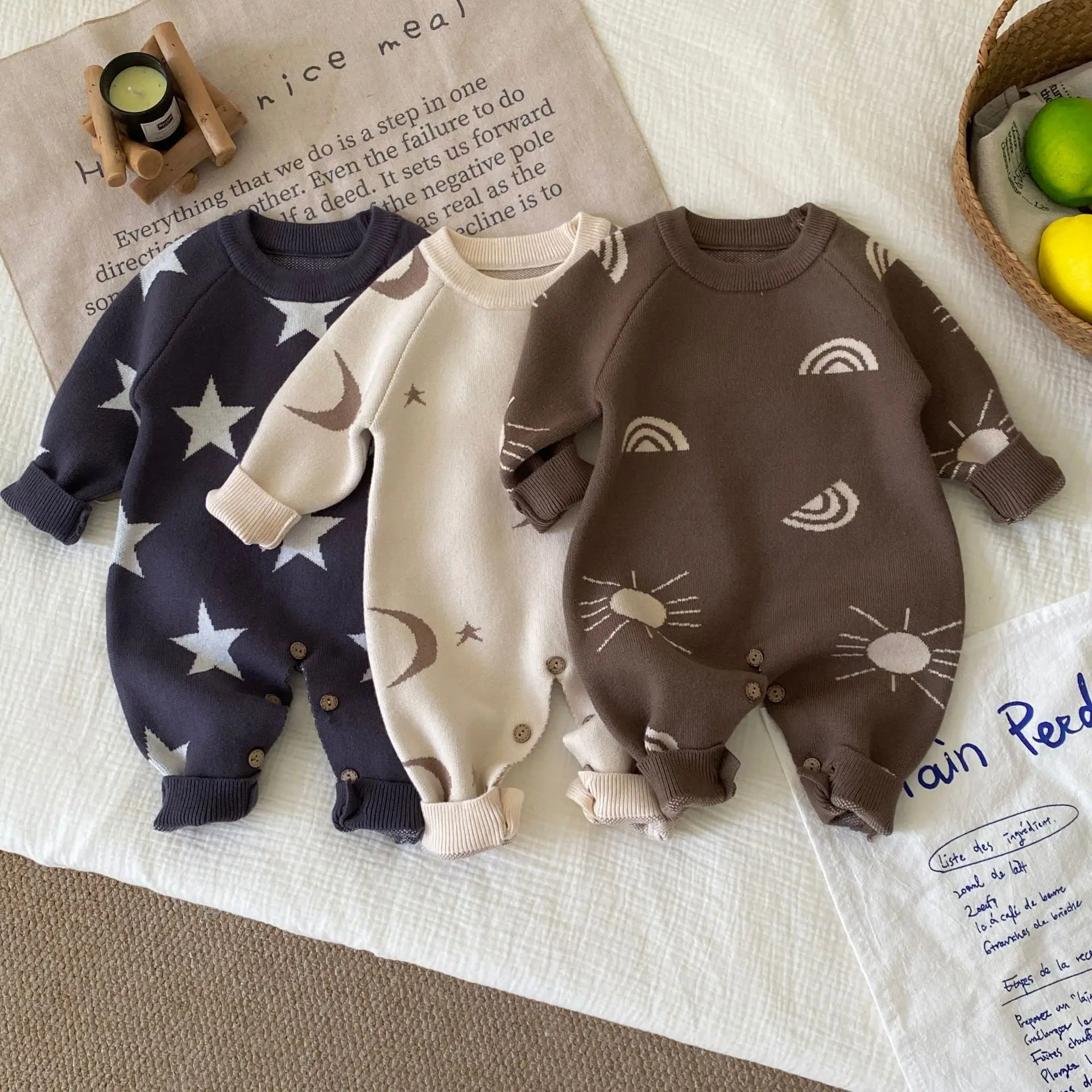 

2025 Autumn New Baby Long Sleeve Knit Romper For Boys Girls Newborn Sun Moon Star Print Jumpsuit Toddler Sweater Infant Clothes