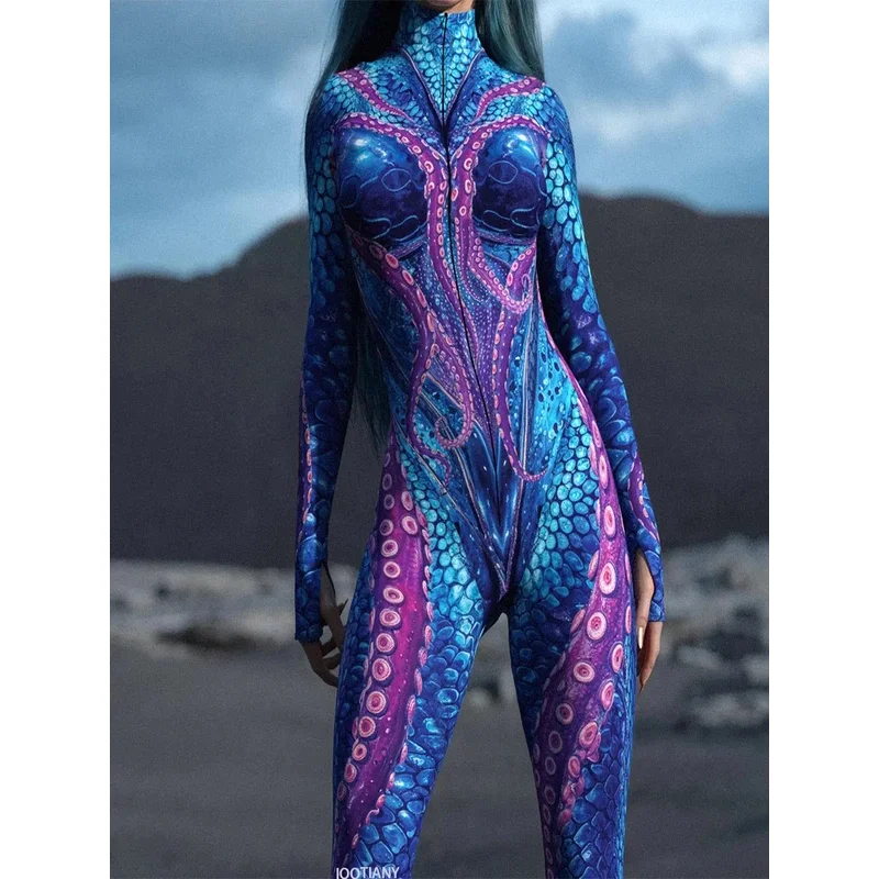 

Halloween Party Role Play 3D Octopus Stamp Front Zipper Suit Adult Women Cosplay Role Play Carnival Zipper One-Piece Costume