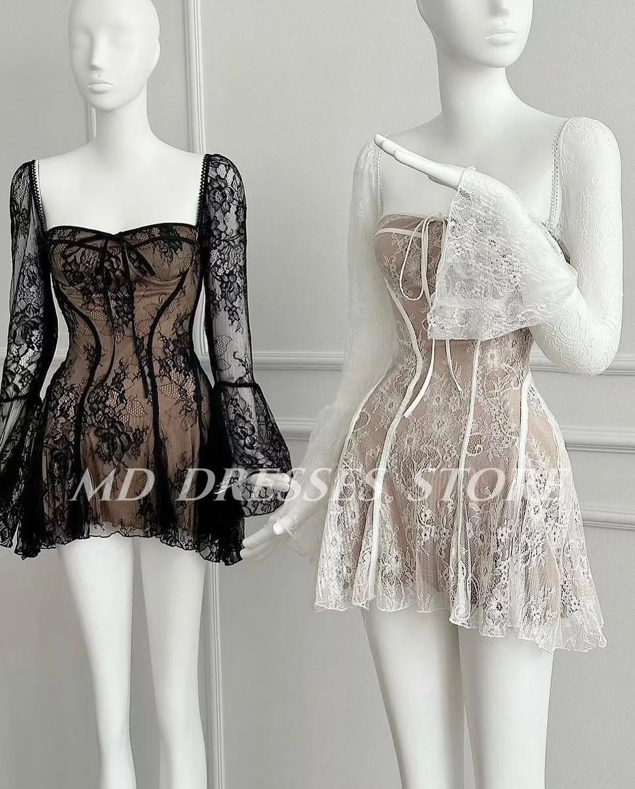 MD قصير ألف خط ثوب مسائي الدانتيل ساحة طوق فوق الركبة كم كامل فستان كوكتيل vestidos de festa فستان حفلات مخصص