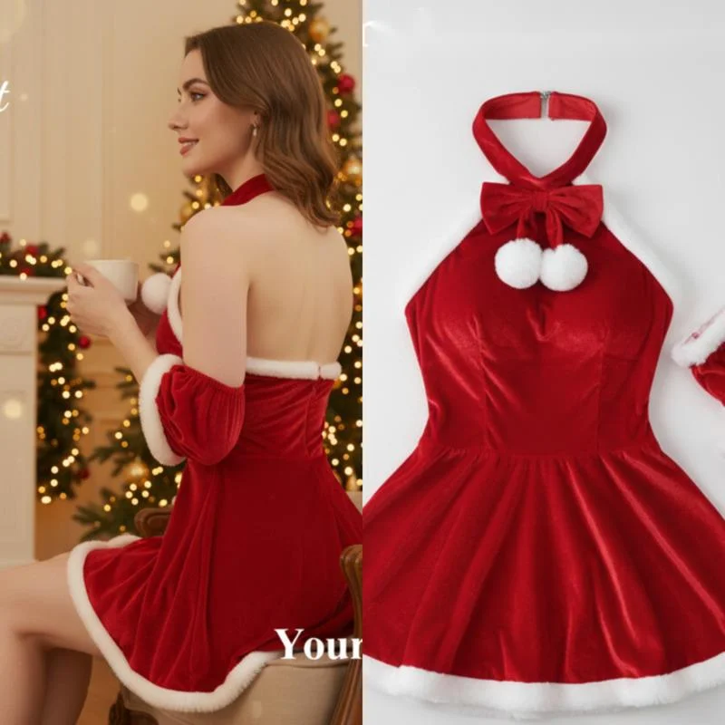 

Christmas Halter Dresses Women Sexy Backless Red Snowball Dresses Cute Pure Desire Holiday Outfit Loose A-Line Party Dresses New