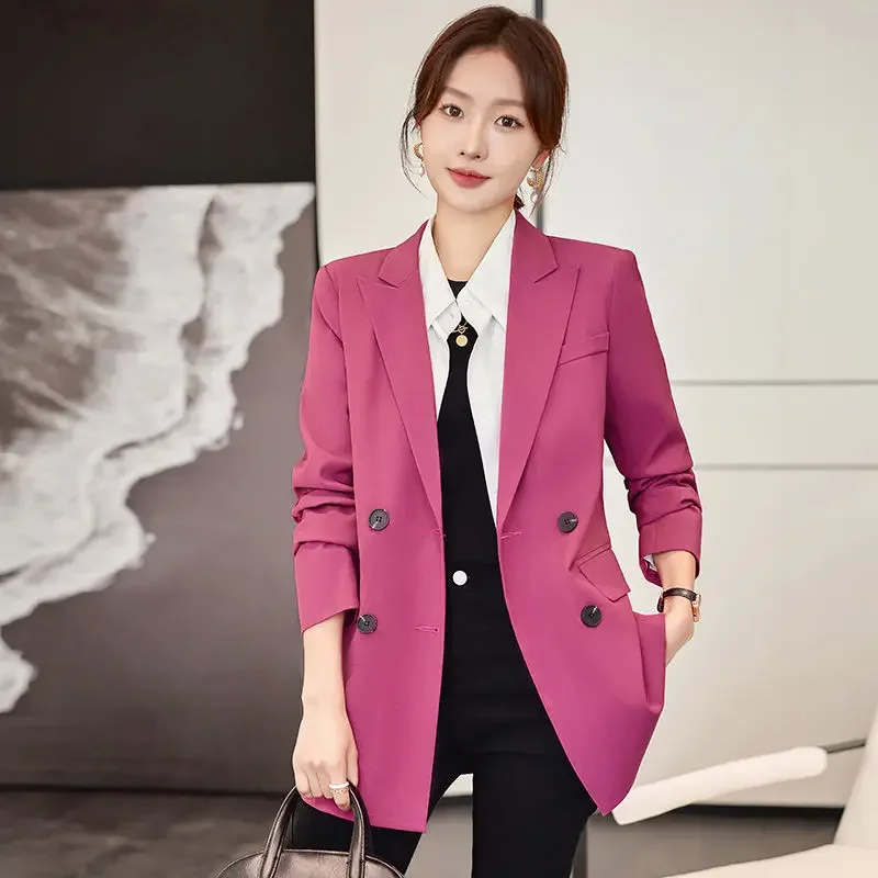 

Spring Women Suit Jacket Mid-Length Casual Blazer Fashion Solid Color Baggy Outwear Female Temperament Double Breasted Outcoat